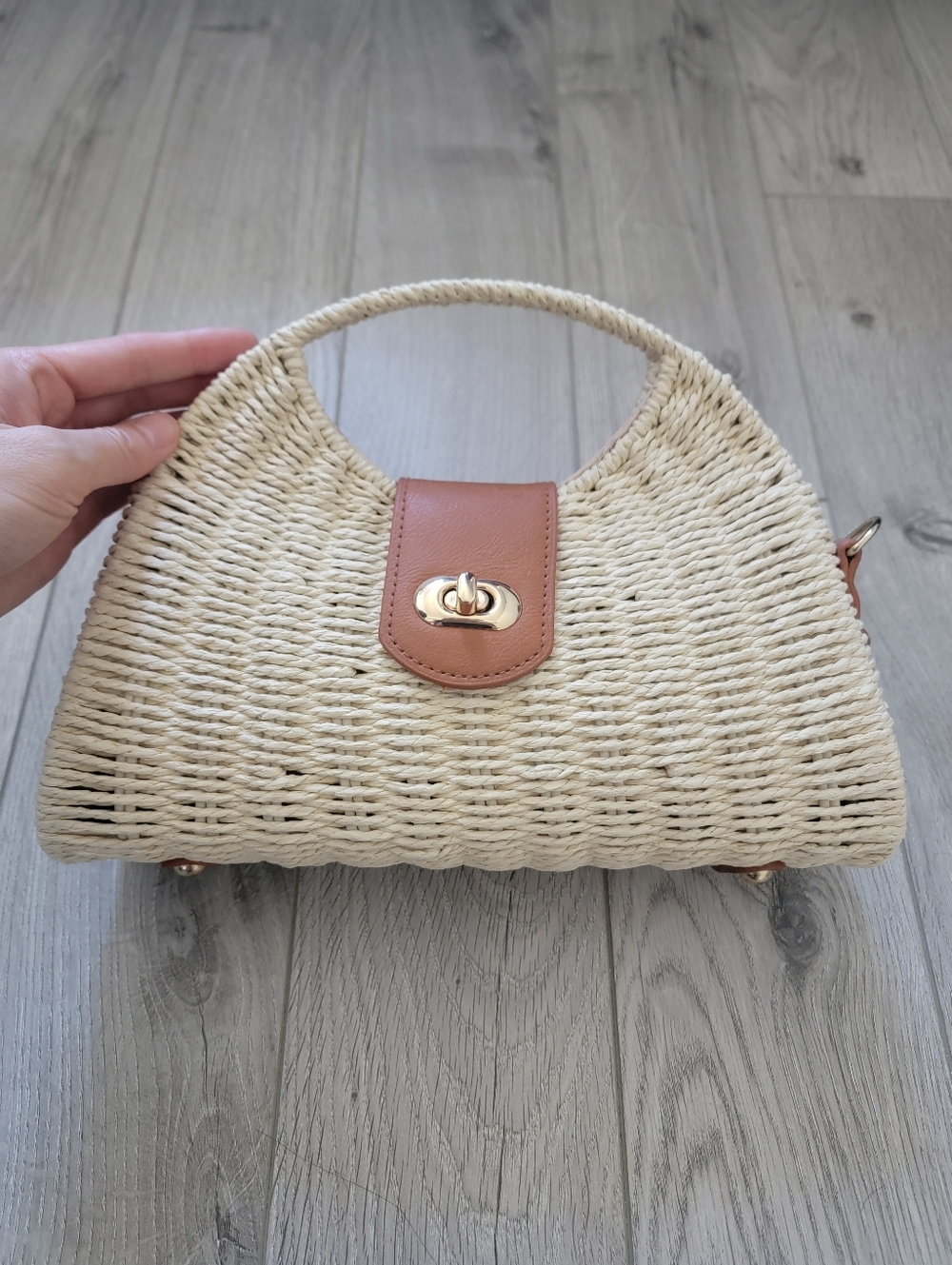 Woven Straw Top-Handle Bag with Tan Leather Accent - Picture 2 of 6